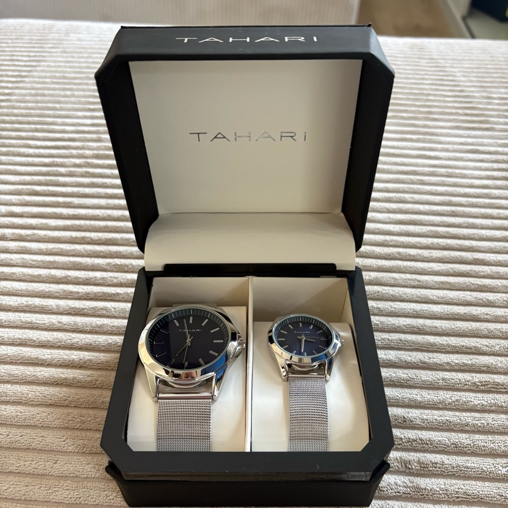 Tahari Silver Mesh Band Watches with Black Dials - Set of 2